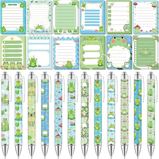 24 Pcs Frog Sticky Notes with Pens Themed Gifts Self Adhesive Notepad Cute Memo Notes Pads Black Ink Ballpoint Pen for Frog Lover Gifts Office School Students Teacher Supplies