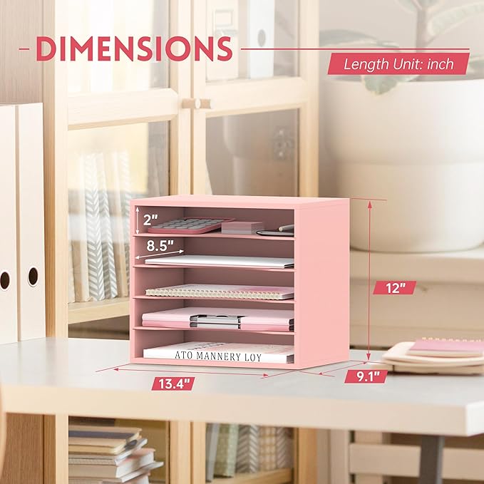 SUPEASY Wood Desk Organizer, 5 Tier Paper File Organizer for Desk, Wooden Desktop Organizer, Paper Letter Literature Mail Sorter, for Office School & Home Organization, Pink