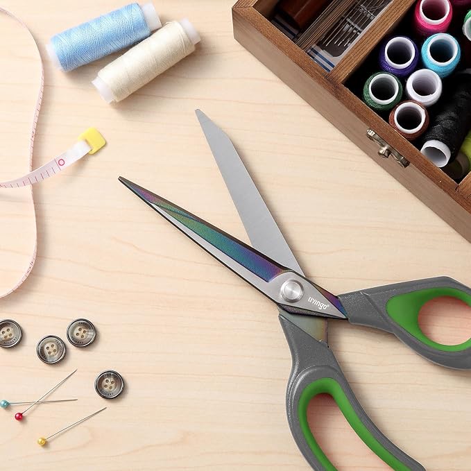 LIVINGO Professional Sharp Fabric Scissors - Titanium Coated Forged Steel Heavy Duty Shears All Purpose for Sewing Craft Cutting Cloth, Paper, Leather, 9.5 Inches, Gray/Green