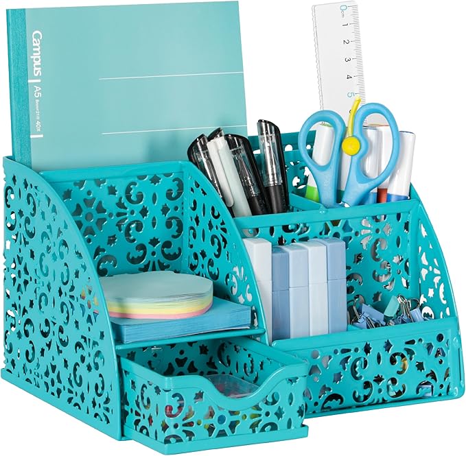 EasyPAG Desk Organizer with Sliding Drawer - 6 Compartments Metal Desktop Caddy, Decorative Elegant Hollow Flower Design, Anti-Scratch Pads for Home, Office, School, Dark Teal