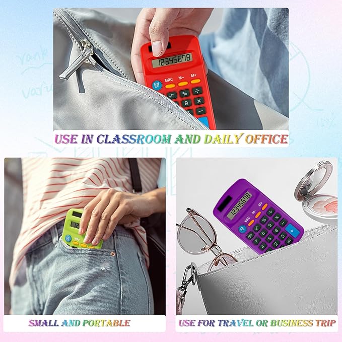 Blcculi 24 Pack Pocket Calculator,Mini Calculators,Pocket Size Basic Calculators,Solar Battery Dual Power Function Calculator,8 Digit Display Small Calculator for Students Kids Home Office(6 Colors)
