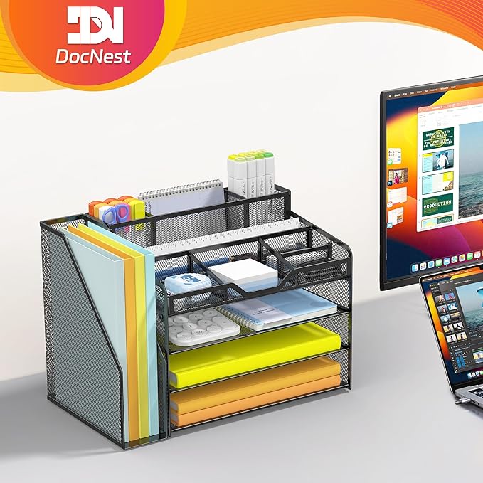 Docnest 4 Tier Mesh Desk Organizer with File Holder – Multi-Functional Paper Letter Tray with 5 Adjustable Compartments, 3 Pen Holders, Desktop Storage for Files, Mail, Stationery – Black