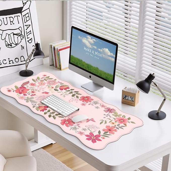HAOCOO Desk Pad Mat, Pink Scalloped Desk Pad, Computer Desk Mat, Non-Slip Desk Pad for Keyboard and Mouse, Large Desk Mouse Pad with Egde Stitched, Waterproof Floral Keyboard Mat for Office (Hot Pink)
