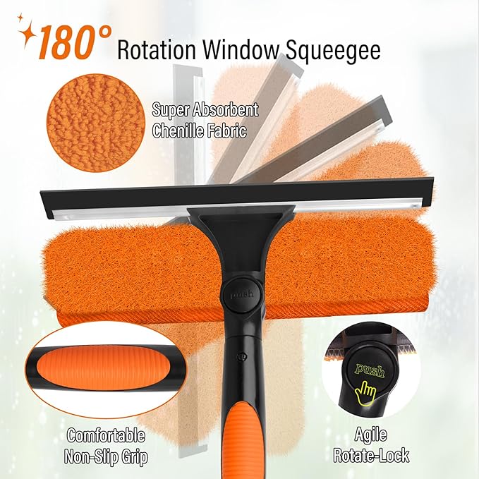 30FT High Window Cleaning Kit with Pole,2 in 1 Window Squeegee for Window Cleaning,5-24FT Professional Window Clean Pole Kit Include Replacement,180°Rotatable Squeegee for Indoor/Outdoor High Windows