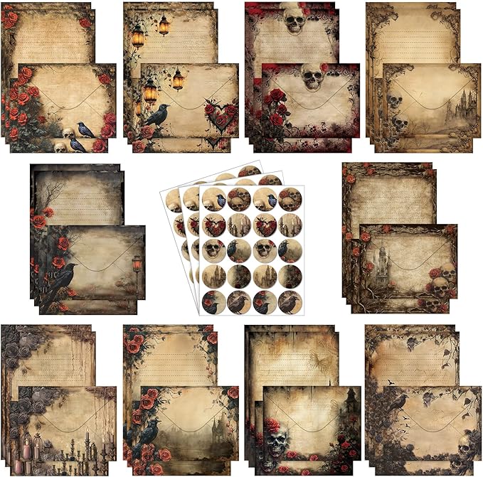 TaoBary 160 Pcs Stationery Paper Set 50 Double Sided Stationery Papers with 50 Matching Envelopes and 60 Round Dot Sticker, 10 Design(Gothic Style,8.25 x 5.5 Inch)