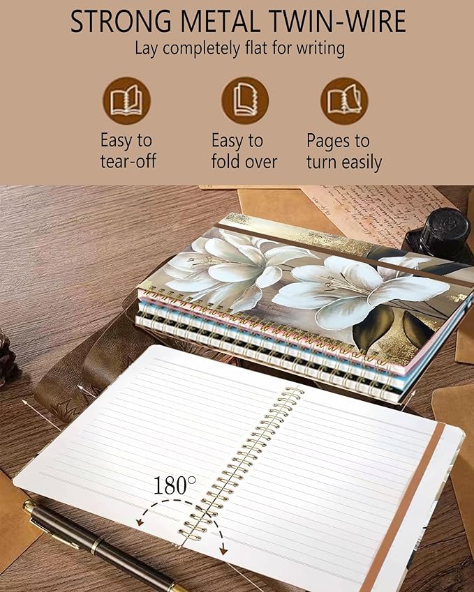 Spiral Journal Notebook, A5 Cute Notebooks for Women Men, College Ruled Hardcover Notebook for Work & Note Taking, 60 Pages Double-Wire Journals for Writing, Cute Glitter Flowers