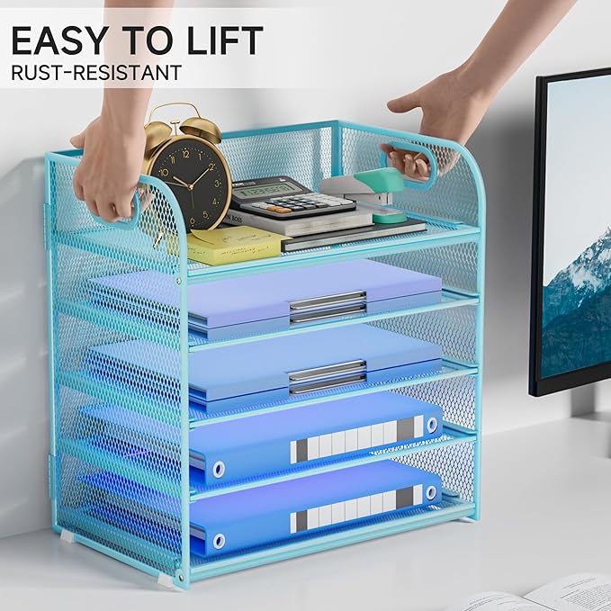 5 Tier Paper Organizer for Desk Organizer with Handle Letter Tray Mesh Paper Sorter Desk Organizer for Office Home Supplies-Blue