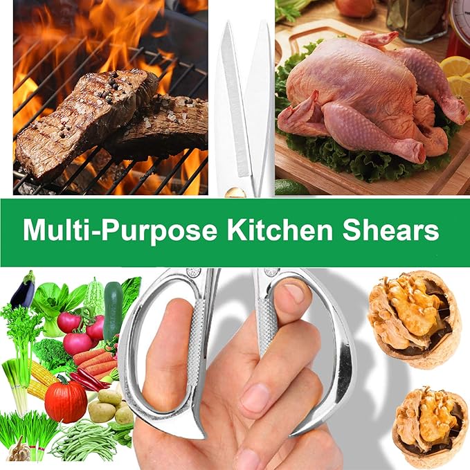 7.5in Stainless Steel Kitchen Scissors, Heavy Duty Shears for Chicken, Meat, Food, Vegetables, BBQ (Silver)