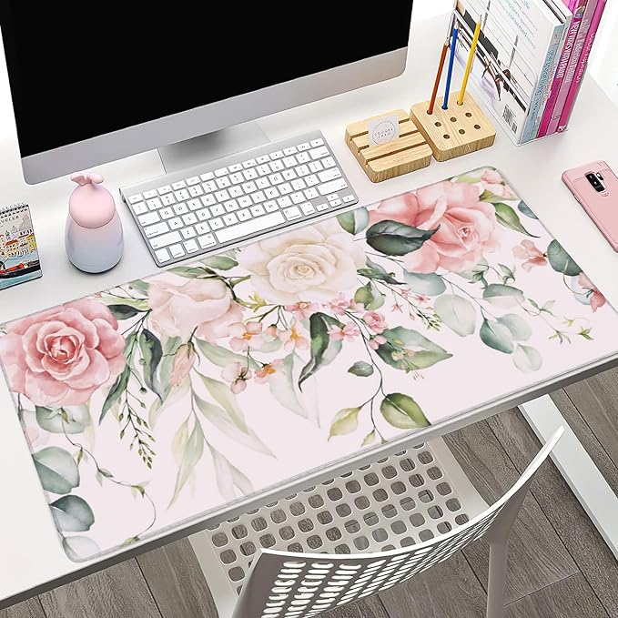 Desk Pad, Pink Watercolor Flowers and Green Leaves Extended Large Gaming Mouse Pad XXL, Large Desk Mat for Desktop with Non-Slip Rubber Base Stitched Edges for Home Office Gaming 35.4"X15.7"
