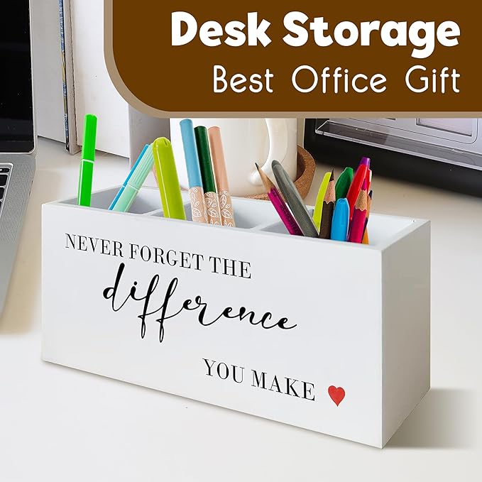 Never Forget The Difference You Make Wooden Pen Pencil Holder Organizer for Office Desk Accessories Thank You Appreciation Gifts for Coworkers Employees Retirement New Job Pen Holder for Desk