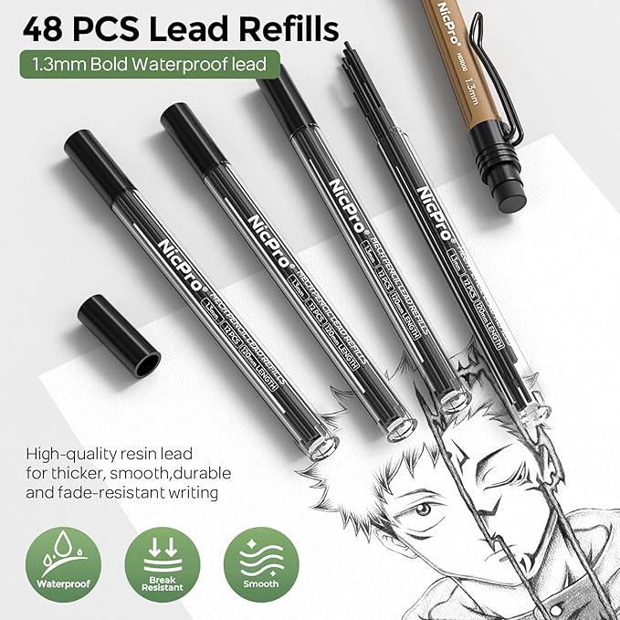 Nicpro 3 PCS 1.3 mm Mechanical Pencils Set 3 Colors with 51 Lead Refill, 3 Eraser - Weatherproof Barrel Pencil, Heavy Duty Carpenter Pencil HD1000 for Outdoor Marking Drafting Drawing Woodworking