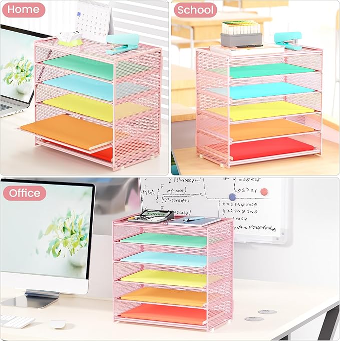 6 Tier Paper Organizer, Metal Mesh Desk File Folder, Letter Tray Organizer, Paper Sorter Desk Organizers for Office, Home or School File Folder Holder - Pink