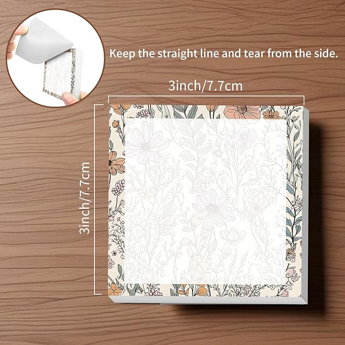 Sticky Notes, 2 Pads, 3x3 inches, Cute Colorful Fun Self-Stick Note Pads, Easy Post, Strong Adhesive Notepad Neutral Wildflowers