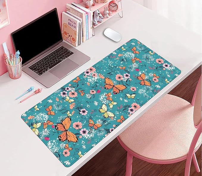 Colorful Butterflies and Flowers Extended Desk Pad Mouse Pad,Stitched Edges Non-Slip Rubber Base XL Mouse Mat Desk Mat for Office Home Work Blue Mousepad(27.5X11.8 Inch)