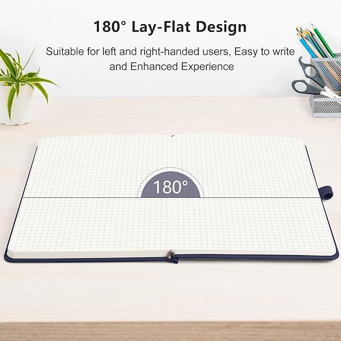 RETTACY Graph Grid Paper Notebook, 192 Pages, A5 Medium Size (5.7'' x 8.3''), 5 Squares per Inch, Leather Hardcover, 100 GSM Thick Paper, for School, Students, Math, Engineering (Navy Blue)