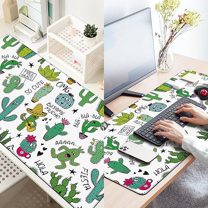 Large Extended Mouse Pad Art Cartoon Cactus Desk Mat,Large Gaming Mouse Pad,Big Desk Pad with Thick Stitched Edges Suit for Home Office or Gaming 35.4x15.7 Inch