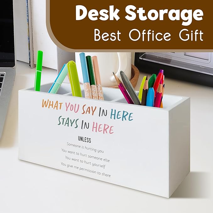 Mental Health Gifts Pen Holder for Desk, Mental Health Office Decor, What You Say in Here Stay in Here Wooden Pen Pencil Holder Organizer for Therapist Counselor Office Desk Accessories
