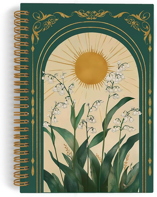 Green Boho Floral Spiral Notebook, Vintage Lily Sun Botanical Flowers Journal Notebook, Green Floral Notebooks for School Work, Boho Office Supplies Gifts for Women, 5.5x8.3 Inch