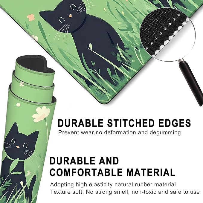 Gaming Mouse Pad, Anime Black Cats and Flowers Large Desk Mat for Keyboard and Mouse,Non-Slip Rubber Base and Stitched Edges Desk Pad for Home Office 35.4x15.7in
