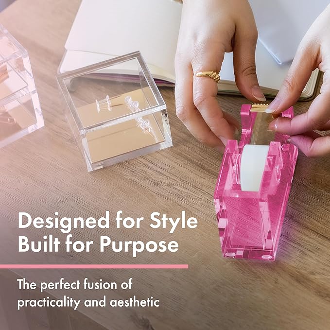 OfficeGoods Acrylic Tape Dispenser – Modern Desk Organizer for Office Supplies – Heavy Duty Refillable Tape Holder for Home and School Crafting – Stylish Desktop Accessory for Gift Wrapping, Pink