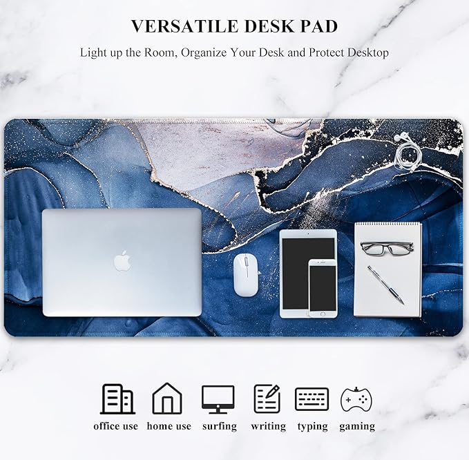 Auhoahsil Large Mouse Pad, XXL Desk Pad, Extened 35" x 15", Non-Slip Rubber Base, Stitched Edges, Superior Surface, Waterproof Keyboard Mat, Large Mousepad for Gamer, Office & Home, Ink Navy Marble