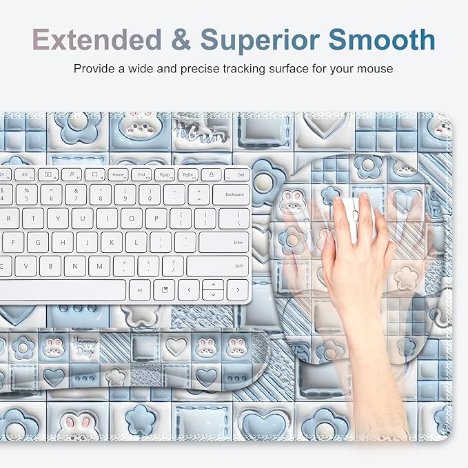 4 in 1 Large Mouse Pad, Keyboard Wrist Rest Set, Ergonomic Mouse Pad with Wrist Support, Desk Mat with Stitched Edges Extended Desk Pad Waterproof Desk Mat for Home Office Game I Cute Rabbit Baby Blue