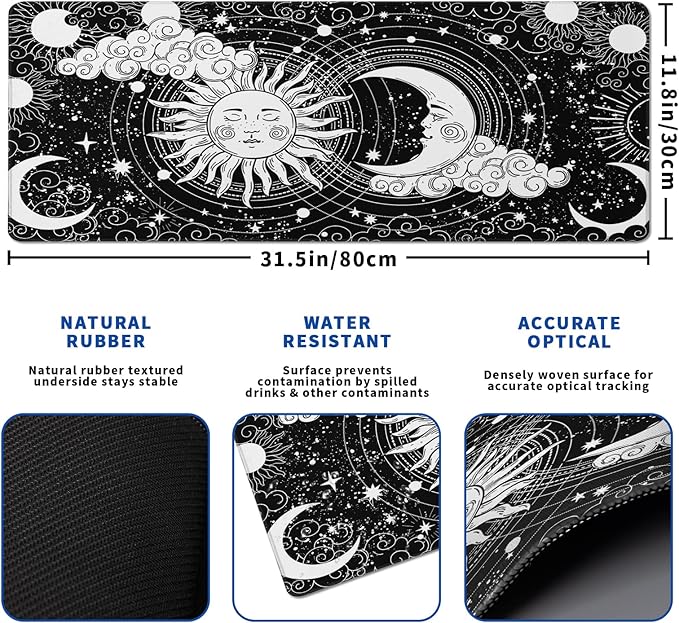 Magic Astrology Extended Big Mouse Pad Large, Gaming Mouse Pad Desk Pad,31.5x11.8 Inch Long Computer Keyboard Mouse Mat Black Mousepad with 3mm Non-Slip Base and Stitched Edge for Gaming and Office