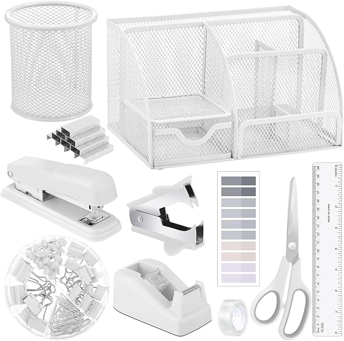 11 in 1 Desk Organizers and Accessories - White Office Supplies - Includes White Stapler, Tape Dispenser, Pen Holder, Staple Remover, Clips, Ruler, Scissors, Tapes, Tabs