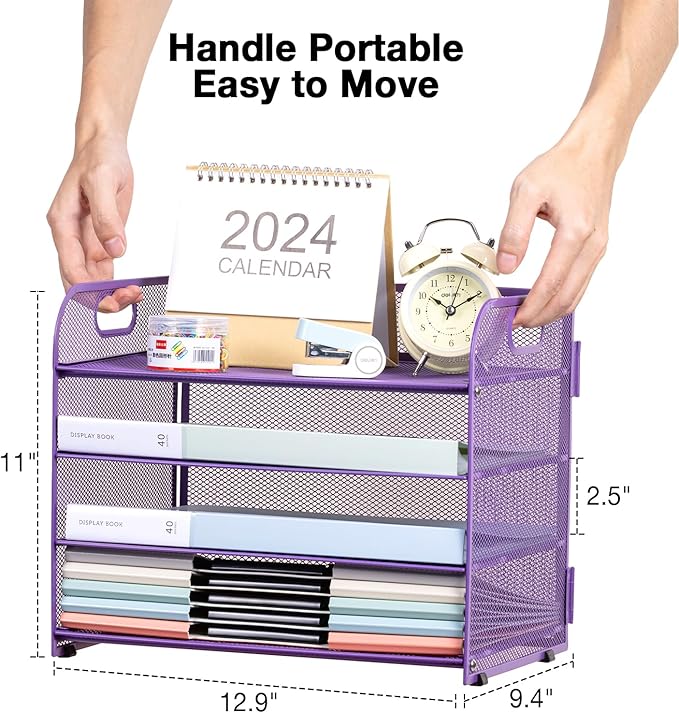 4-Tier Desk Organizer Paper Tray, Desk File Organizer with Handle, Mesh Desk Organizer Letter File Stackable Trays for Home Office Supplies and Accessories - Purple