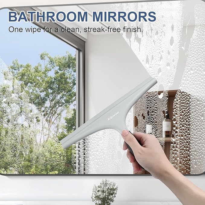 Anjinwiper Silicone Shower Squeegee for Glass Doors with Hook, Window Squeegee for Shower Doors, Kitchen, Mirrors and Tiles, Glass Squeegee Bathroom Shower(10 inch, Gray)
