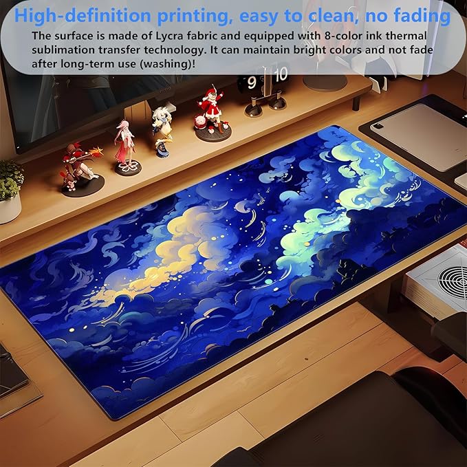 XL Desk Pad Mat (31.5"x15.7") - Kawaii Dark Blue Clouds Sky Aesthetic, Non-Slip Gaming Mouse Pad with Stitched Edges, Cute Office Decor