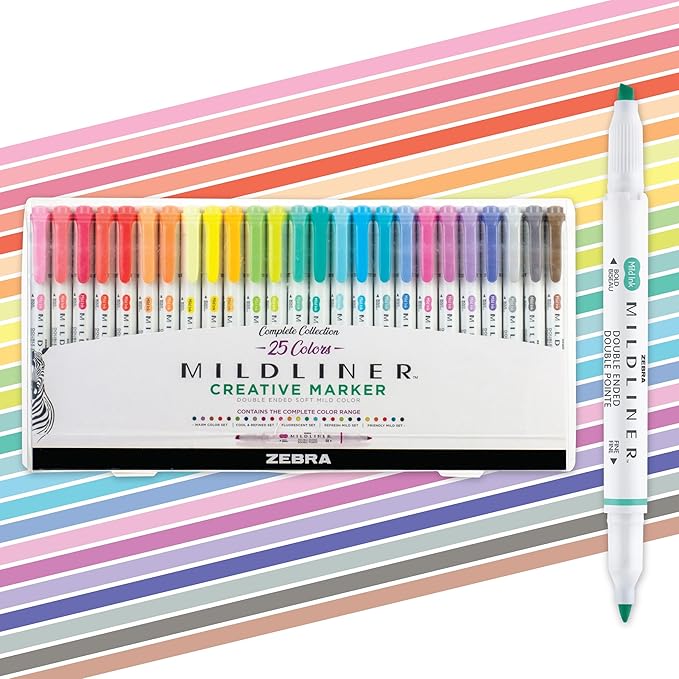 Zebra Pen Mildliner Dual-Tip Highlighter Set, Broad and Fine Point Tips, Ideal for Bible Highlighting, No Bleed, School Supplies and Teacher Supplies, Assorted Ink Colors, 25-Pack (78525)