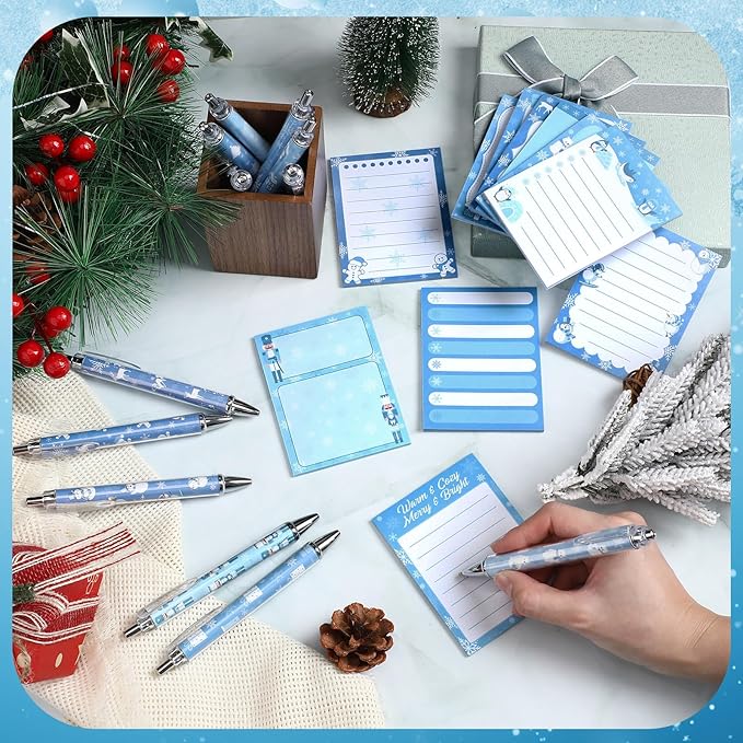 24 Pcs Blue Christmas Sticky Notes with Pens Winter Themed Gifts Self Adhesive Notepad Cute Memo Note Pads Black Ink Ballpoint Pen for Holiday Gifts Office School Student Teacher Supplies