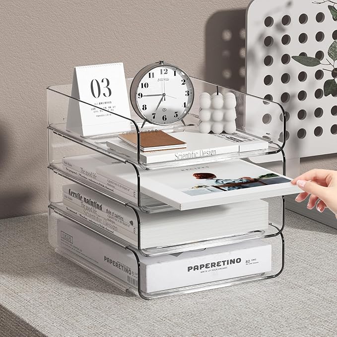 4-Tier Acrylic Paper Tray Organizer | Clear Stackable Desk Organizer for Documents, Letters, A4 Paper | Modern Office/Classroom/Home Organization