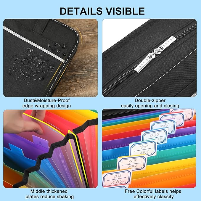 SEEKIND Accordian File Organizer with Handle,26 Pockets Expanding File Folder, Portable Cloth Document Organizer Accordion File Keeper for Letter Size / A4 File, for Office, School-Black