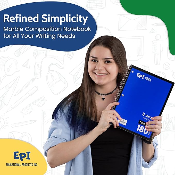 EPI Spiral Notebook | 5 Subject - College Ruled - 180 Sheets, Durable Spiral Binding | 10.5 x 8 in | Classroom Supplies | School, Office, Note Taking, Journaling - 24 Pack