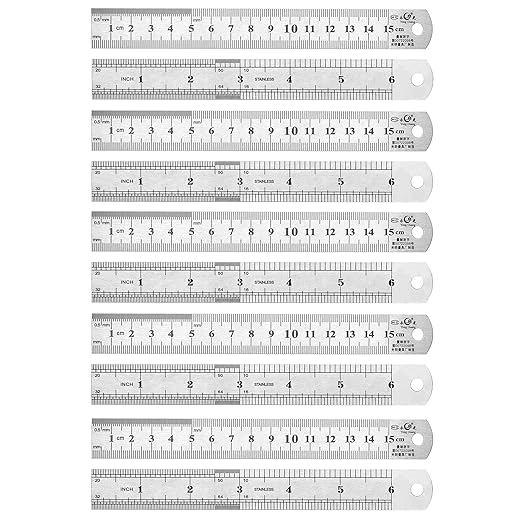 6 Inch Stainless Steel Ruler Set, Straight Edge Metal Rules with Inch Metric Scales, 10-Pack