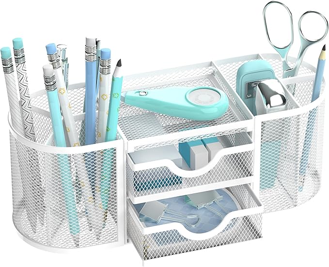 SUPEASY Mesh Desk Organizer, Desk Organizers and Accessories, Pen Holder with Drawers, Pencil Holder for Desk with 2 Drawer for Office Supplies, White