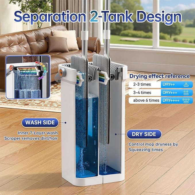 CTIME Large Mop and Bucket Set, 7-Layer Scrapers, Flat Mop and Bucket System, Wall Mop with Adjustable Handle, 7 Washable 15.74" Microfiber Pads