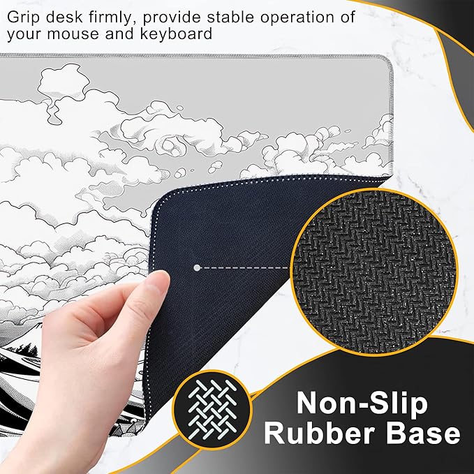 Gaming Mouse Pad, Black and White Japanese Sea Wave Large Desk Mat for Keyboard and Mouse,Non-Slip Rubber Base and Stitched Edges Desk Pad for Home Office 35.4x15.7in