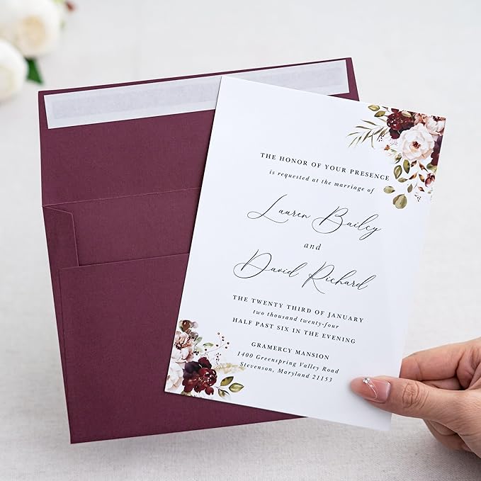 PONATIA 50PCS 5x7 Envelopes, Burgundy A7 Envelopes Self Seal for Weddings, Invitation Cards, Photos, Postcards, Greeting Cards Mailing, Baby Shower, Graduation, Christmas Gift Cards