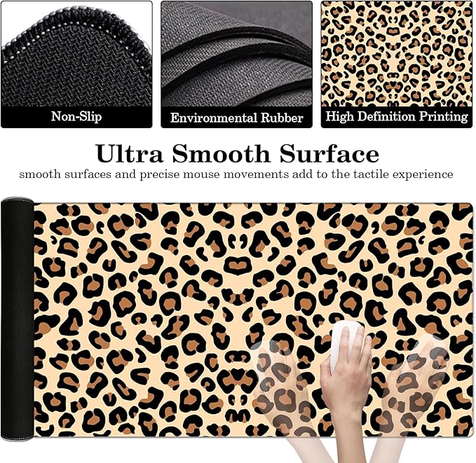 Brown Leopard Desk Pad Protector, Stitched Edges Mouse Pad, Large Office Mat, Non-Slip Blotter, Laptop Pad, Writing Pad for Office and Home (31.5" x 15.7")