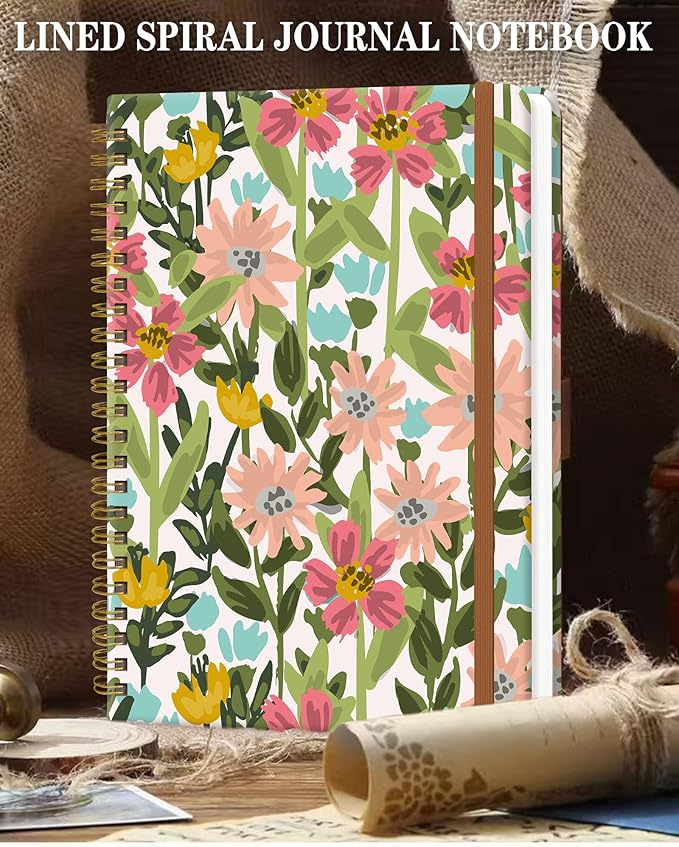 Spiral Journal Notebook for Women, Hardcover A5 College Ruled Notebook, 120 Pages, Thick Paper, Cute Lined Journal for School, Office & Work, 6 x 8.4 in(Meadow Wildflowers)