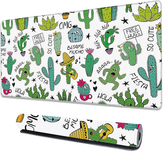 Large Extended Mouse Pad Art Cartoon Cactus Desk Mat,Large Gaming Mouse Pad,Big Desk Pad with Thick Stitched Edges Suit for Home Office or Gaming 35.4x15.7 Inch