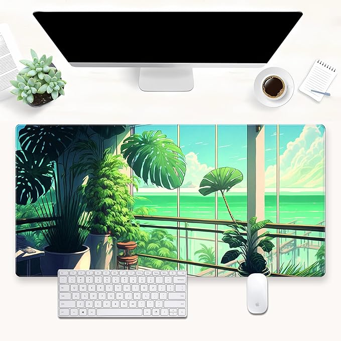 XL Desk Pad Mat, Extended Gaming Mousepad 31.5 x 15.7 in, Non-Slip Computer Mat with Stitched Edges, Green Tropical Plants Design for Desk, Keyboard & Mouse