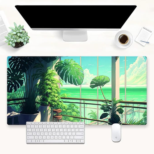 XL Desk Pad Mat, Extended Gaming Mousepad 31.5 x 15.7 in, Non-Slip Computer Mat with Stitched Edges, Green Tropical Plants Design for Desk, Keyboard & Mouse
