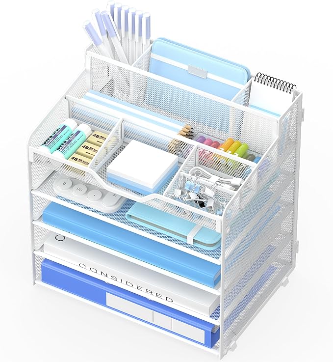 5 Tier Mesh Desk Organizer,Multi Functional Letter Paper Tray with 3 Pen Holders and 5 Adjustable Storage Compartments for Office Supplies Files and Mail Space Saving Desktop Organizer-White