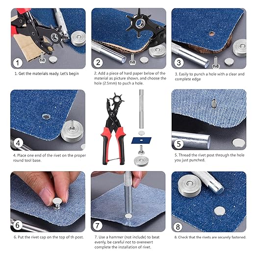 Belt Hole Puncher with 240 Sets of Leather Rivets - Updated Hole Sizes Puncher for Belt, Watch Band, Strap, Dog Collar, Saddle, Shoes, Fabric, DIY Home or Craft Project