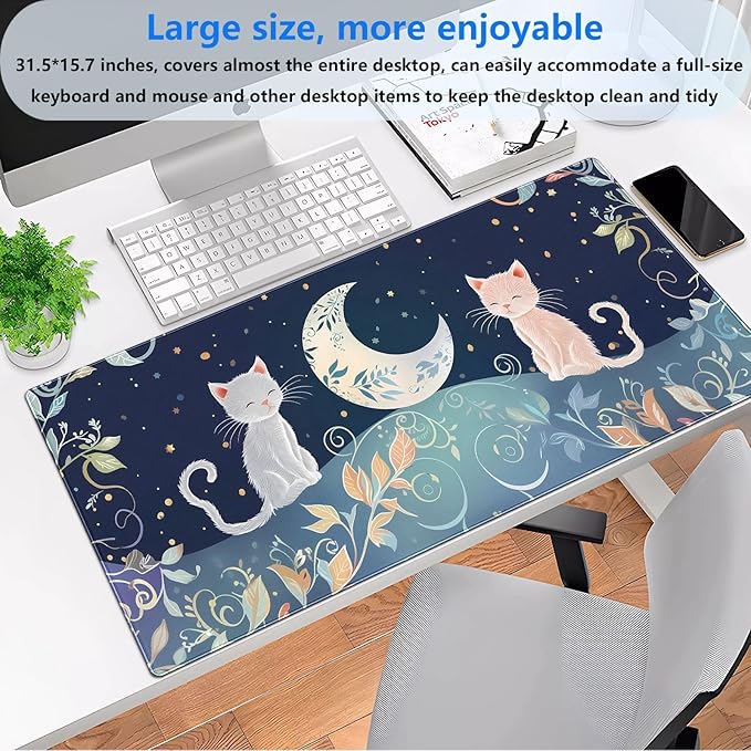 XL Desk Mat Large Gaming Mousepad with Cute Cat & Moon Design, Boho Plants & Nature Pattern, Non-Slip, Stitched Edges, for Keyboard and Mouse, 31.5 x 15.7 in