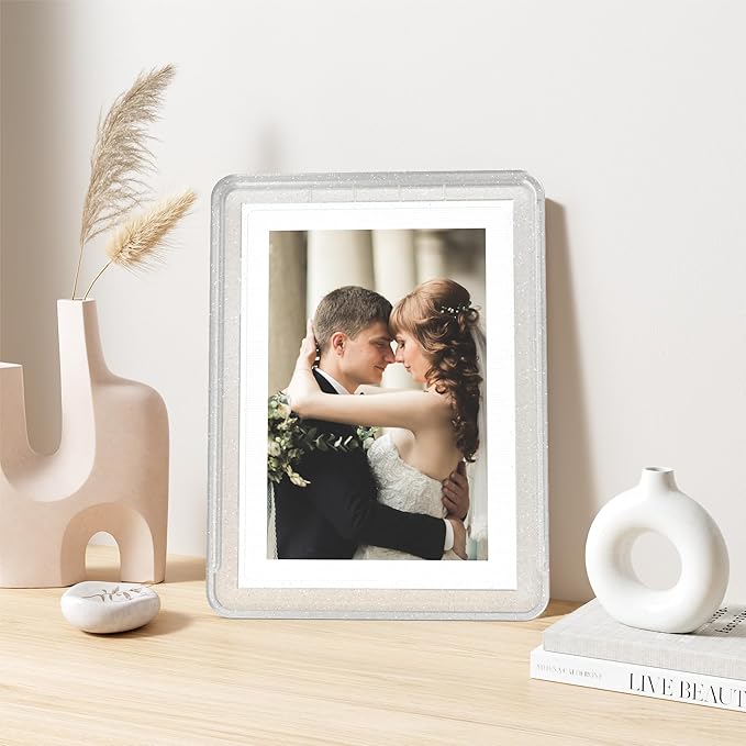 6-Pack 5x7 Picture Frame or 4x6 with Mat – Shatterproof Plastic Picture Frames for Family, Nursery & Playroom, Wall & Tabletop Frame for Home or Office, Safe Lightweight Design, Crystal Silver